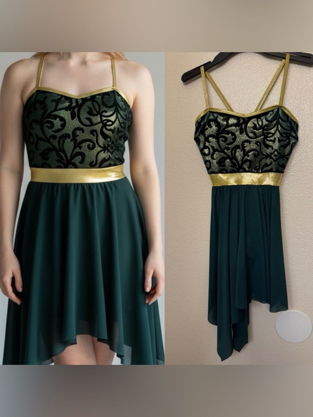 A Wish Come True green velvet burnout damask Dance costume dress SA/MA adult